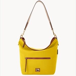 DOONEY AND BURKE Wayfarer Yellow, Tan Leather Trim and Red Zipper Hobo